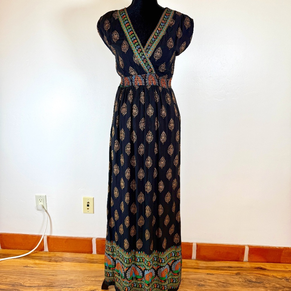 Gorgeous Lapogee Goddess Style Maxi Dress Black Gold Small Cotton Lined Pockets